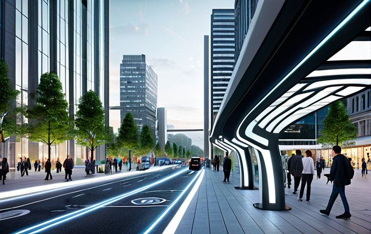 Smart City Innovation**
"A futuristic cityscape showcasing advanced smart technologies, featuring sleek, modern architecture integrated with green spaces. Depict smart streetlights with sensors, electric vehicle charging stations, and elevated pedestrian walkways. The scene emphasizes data-driven urban planning with holographic displays showing real-time traffic flow and energy consumption. Fully clothed pedestrians are visible, engaging with the environment. Safe for work, appropriate content, fully clothed, professional, perfect anatomy, correct proportions, natural pose, high resolution, realistic."
**